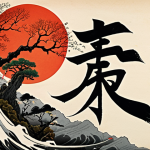 **A collaborative art piece blending Japanese calligraphy techniques with abstract painting, showcasing the fusion of natural beauty interpretations.** (Focus: Fusion of art styles, nature theme)