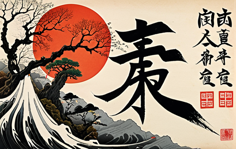 **A collaborative art piece blending Japanese calligraphy techniques with abstract painting, showcasing the fusion of natural beauty interpretations.** (Focus: Fusion of art styles, nature theme)