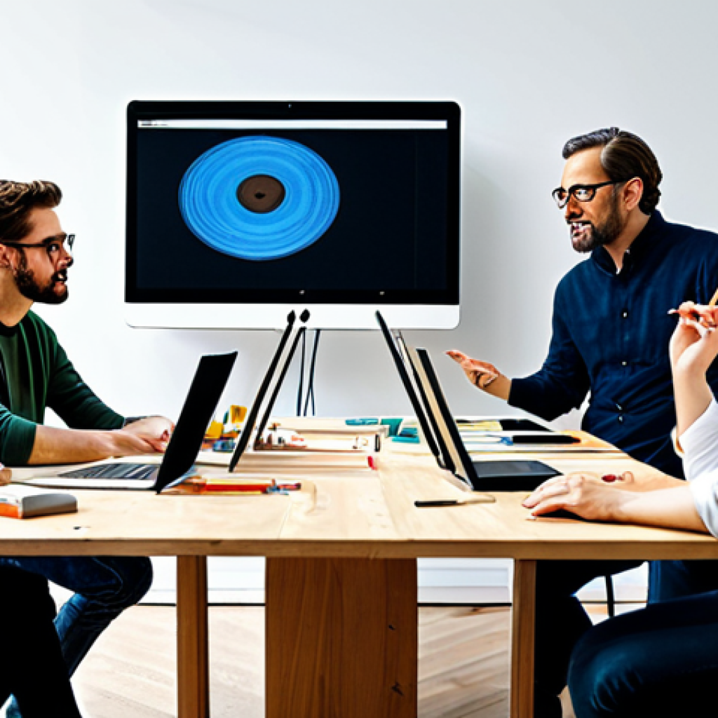 A diverse group of professional artists from various disciplines, including a digital illustrator, a musician, and a writer, actively collaborating in a brightly lit, modern art residency studio. They are fully clothed in professional and modest attire, engaged in discussion and hands-on work with both traditional art supplies and digital tablets. The background shows creative tools, musical instruments, and a large screen displaying collaborative digital art. The atmosphere is vibrant and focused. safe for work, appropriate content, fully clothed, professional, perfect anatomy, correct proportions, natural pose, well-formed hands, proper finger count, natural body proportions, high-quality photograph.