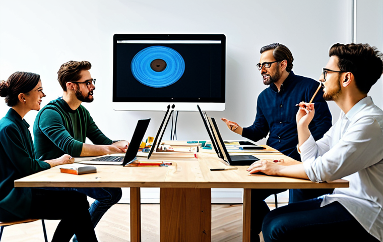 A diverse group of professional artists from various disciplines, including a digital illustrator, a musician, and a writer, actively collaborating in a brightly lit, modern art residency studio. They are fully clothed in professional and modest attire, engaged in discussion and hands-on work with both traditional art supplies and digital tablets. The background shows creative tools, musical instruments, and a large screen displaying collaborative digital art. The atmosphere is vibrant and focused. safe for work, appropriate content, fully clothed, professional, perfect anatomy, correct proportions, natural pose, well-formed hands, proper finger count, natural body proportions, high-quality photograph.